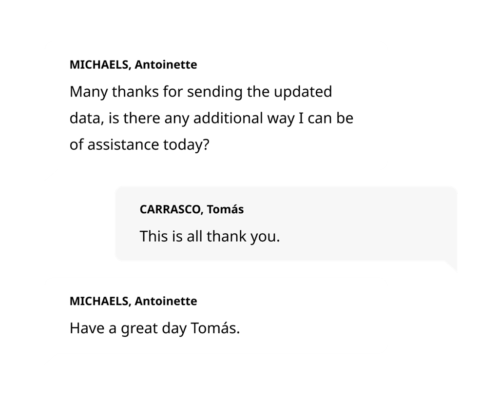 Screenshot of a chat interface with two people talking about a data call.